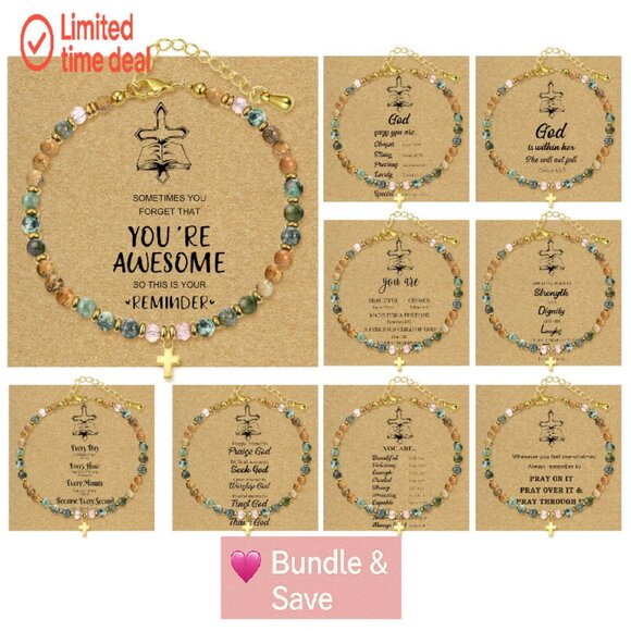 9PC Cross Bracelet Set Adjustable Natural Stone Beaded Faith Jewelry - Picture 1 of 8